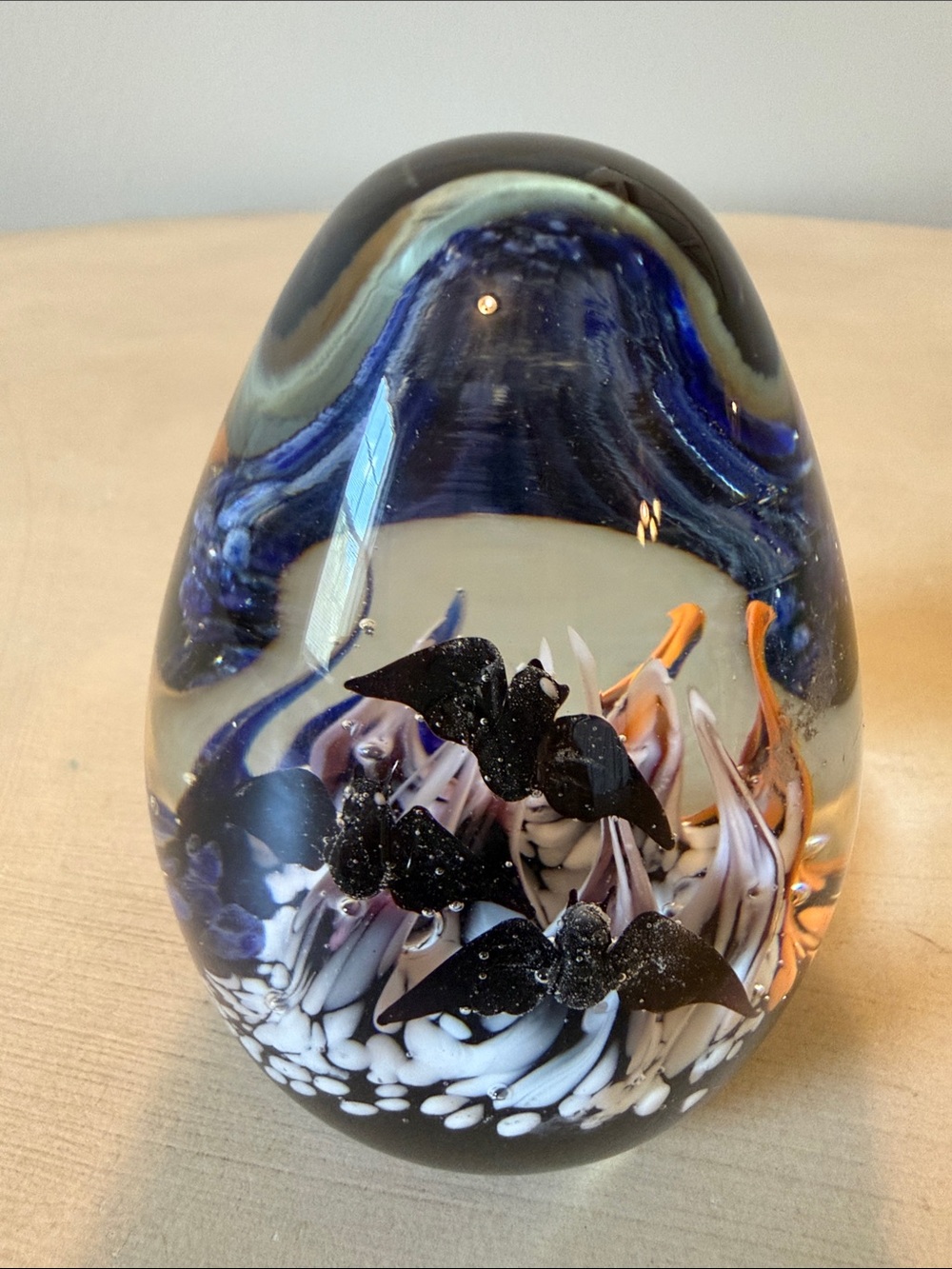 Handcrafted Glass Art Paperweight with Black Bats Orange and Blue Accents EUC - Picture 3 of 8